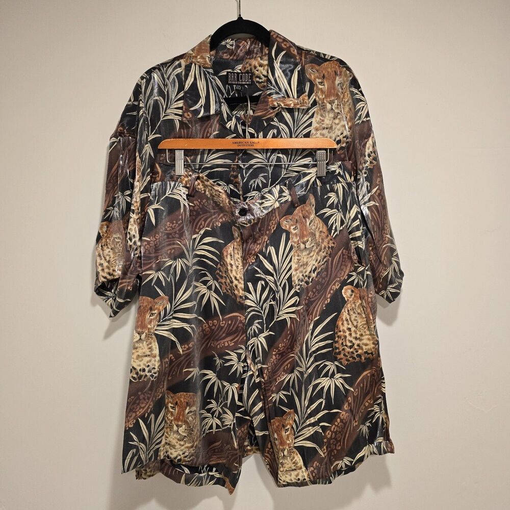 Vintage 80s Deadstock Outfit Shorts Set All Over Print Leopard 2XL Mens Retro